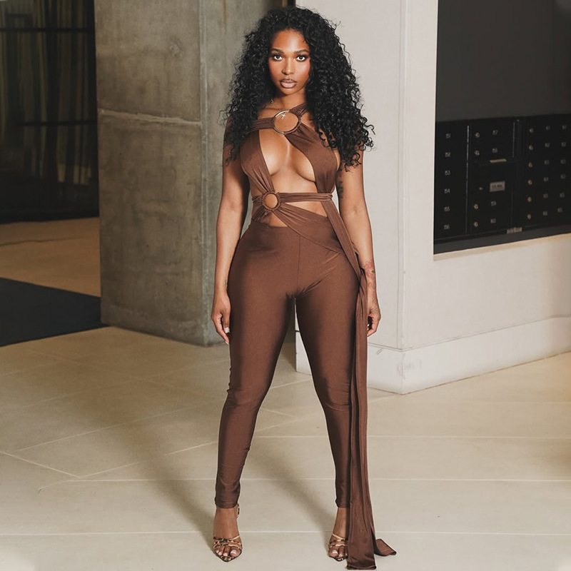 European and American Style Cross-Border Sexy Street Women's Lace-Up Hollow Metal Ring Jumpsuit Solid Color Slim Pants Long Jumpsuit