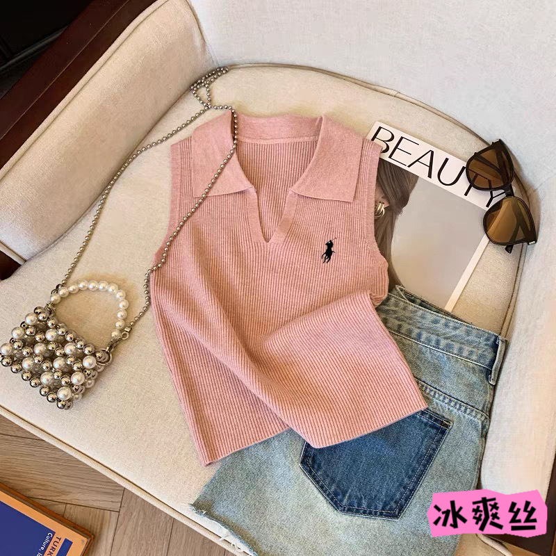 Korean Style Lazy Style Polo Lapel Knitted Vest Women's Short Overlap Pony Embroidered Sweater Vest Top