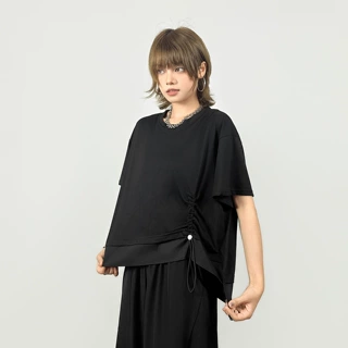 260437欧美抽绳圆领短袖t恤女夏慵懒宽松显瘦上衣短袖上衣女夏