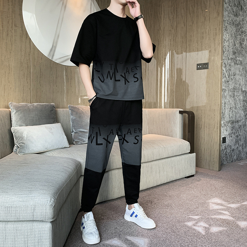 Men's Gradient Color Short Sleeve T-Shirt And Shorts Set Casual Summer Streetwear Hong Kong Style Outfit_viptrois.com