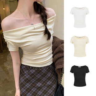 Hot Girl One-Line Collar Slim Short-Sleeved T-Shirt for Women 2025 Summer New Style Right Shoulder Bottoming Shirt Women's Export Top Trbottomy