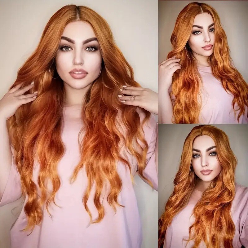 European and American Wig for Women Cross-Border Medium-Parted Orange Long Curly Hair Long Hair Big Curls Realistic Fluffy Big Waves Full Headgear