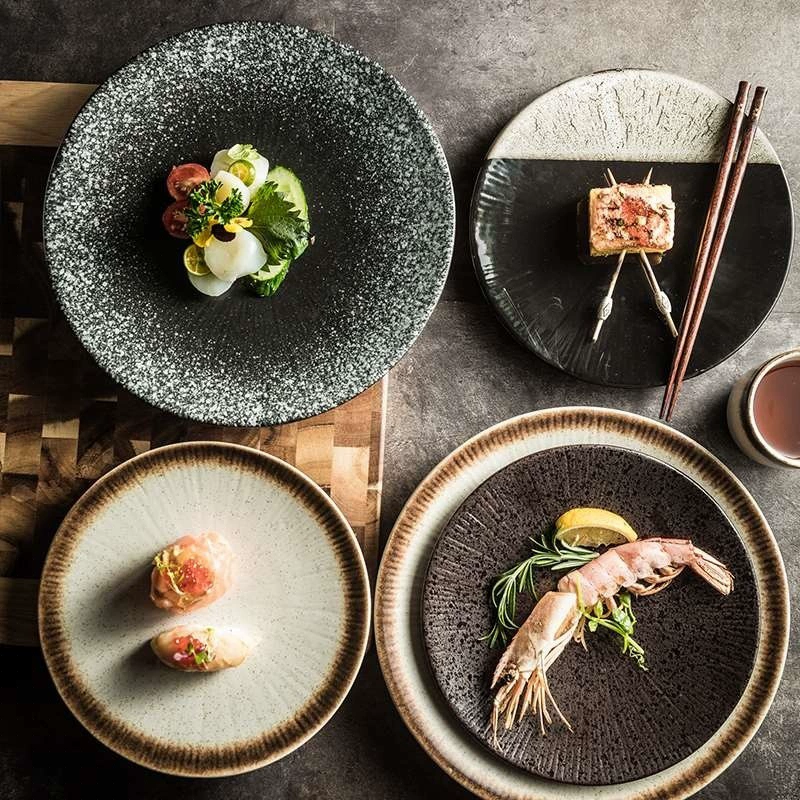 Полосатая керамическая круглая тарелка в японском стиле, креативная обеденная тарелка в западном стиле, тарелка для стейка, десертная плоская тарелка, рисовая тарелка, сервировочная тарелка