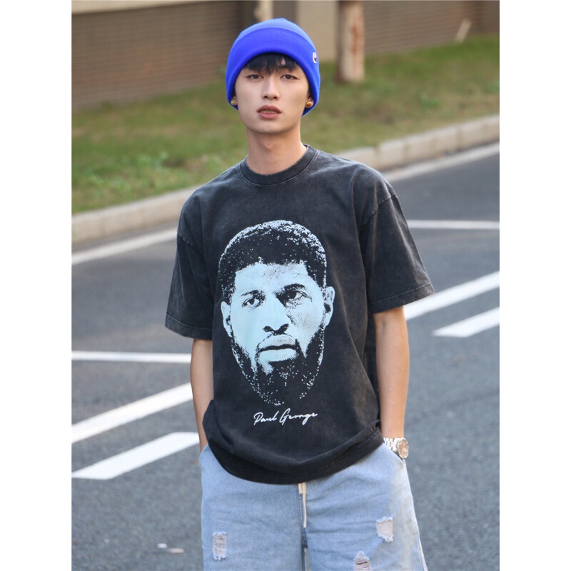 Basketball American Hip Hop Paul George George Washed Distressed Printed T-shirt Vintage Cotton Short Sleeve