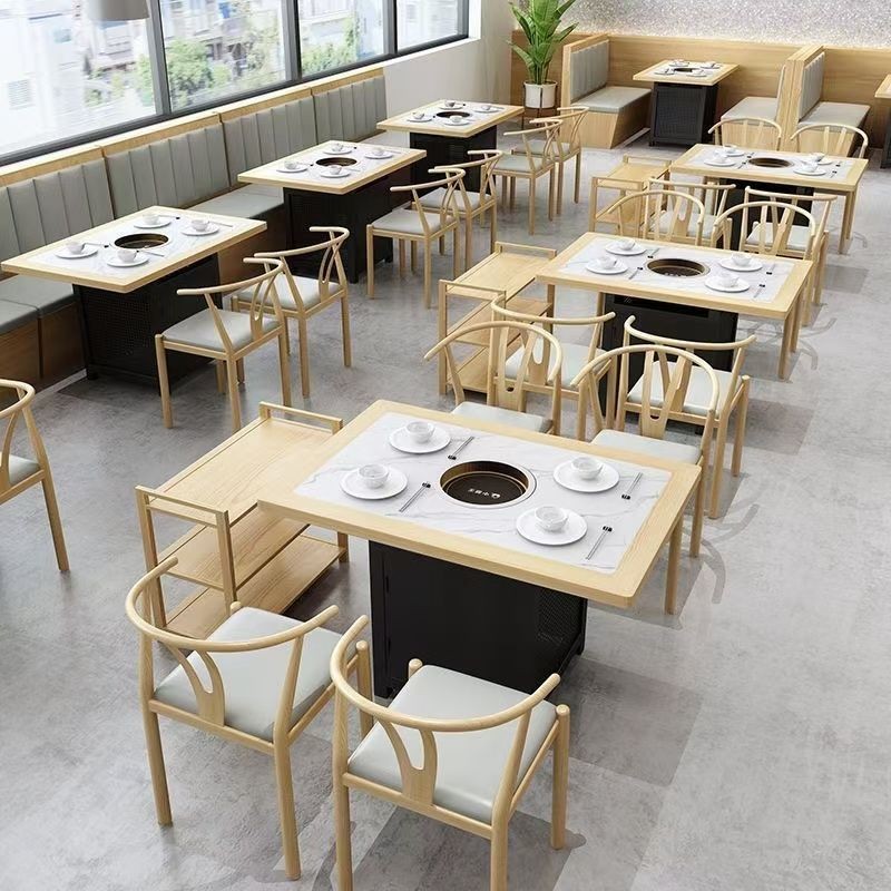 火锅店餐桌大理石火锅桌卡座商用西餐厅烤肉店靠墙餐桌椅组合