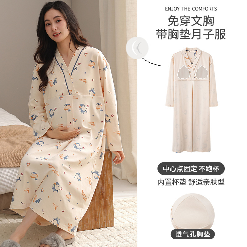 Maternity Nightgown with Breast Pads, Pure Cotton Spring and Autumn Nursing Pajamas, Postpartum Confinement Clothes, Maternity Dress for Maternity