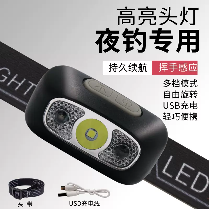 夜钓头灯强光充电超亮感应头戴式照明超长续航户外钓鱼登山小型
