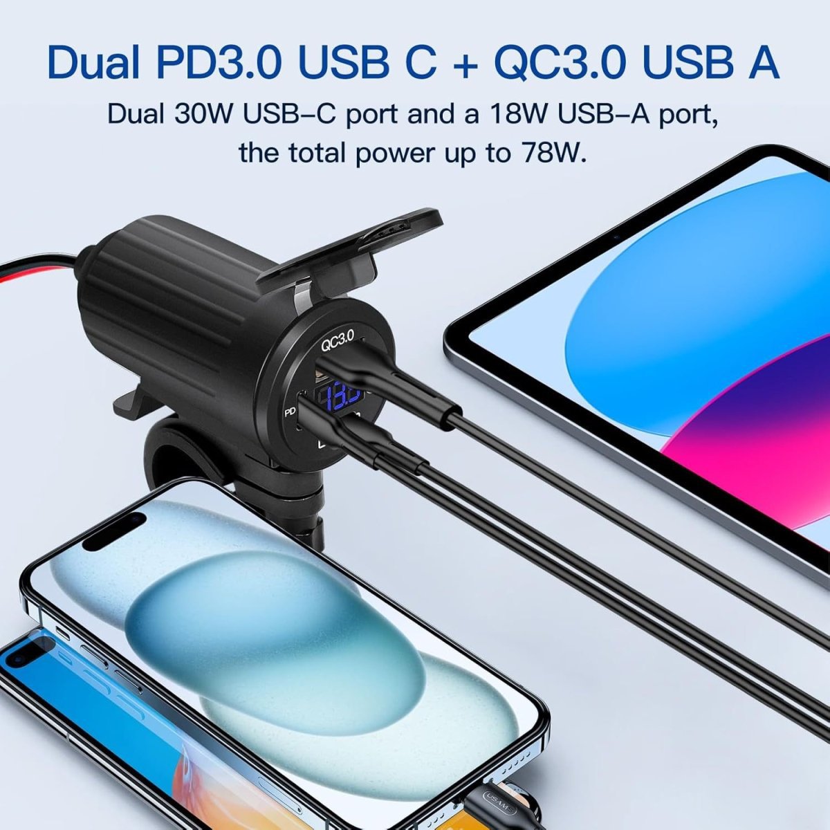 New Dual Pd+Qc Car Mobile Phone Charger Motorcycle Modified Voltmeter Fast Charging USB Switch Car Charger Waterproof
