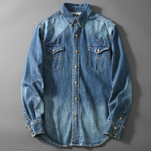 外贸尾货男装重磅美式经典复古水洗磨白时尚休闲长袖牛仔衬衫外套