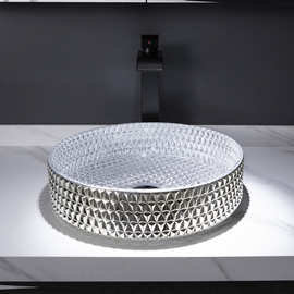 银色电镀钢化玻璃台上盆简约艺术盆批发卫生间台盆承接酒店工程