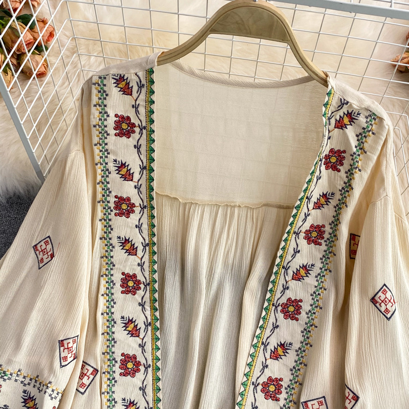 Dames bohemian artistieke retro chiffon cardigan zonder kraag, losvallend kanten shirt, lente 2023, gratis verzending_voghion.com