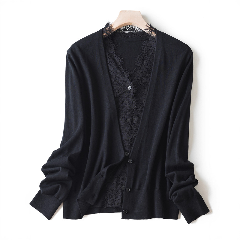 Layered Exquisite Lace Splicing Fake Two-Piece Knitted Cardigan Spring & Fall Merino Wool Long-Sleeved Thin Sweater 010