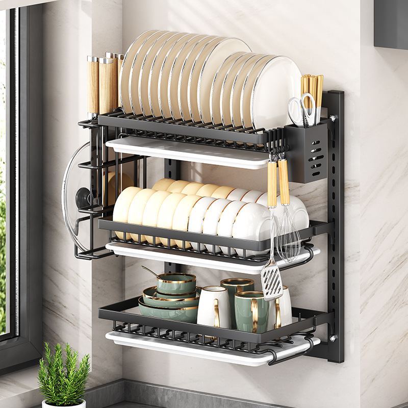 Wholesale Kitchen Dish Rack Wall-Mounted Multi-Functional Storage Rack Punch-Free Cupboard for Chopsticks, Bowls and Plates