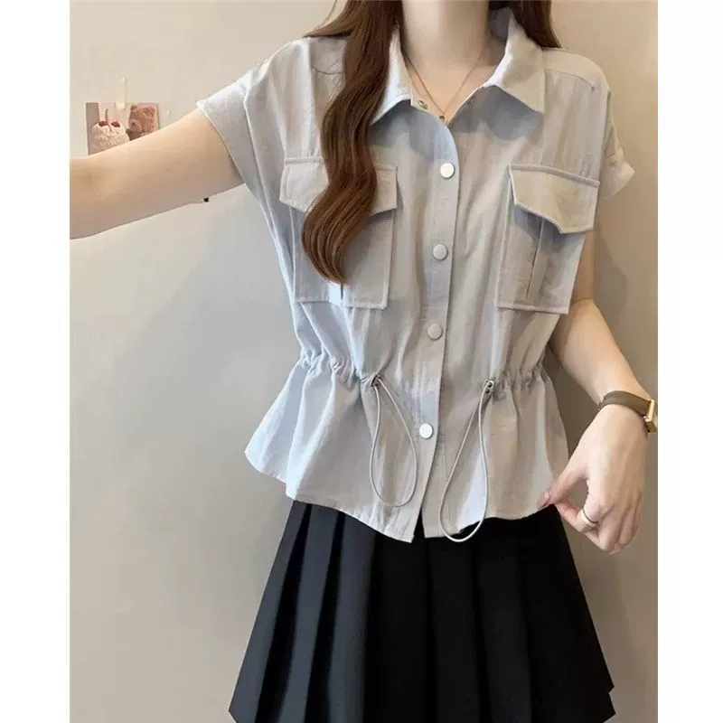 Женская одежда больших размеров для скрытия живота, рабочая одежда с воротником PLOL, нишевая рубашка, женская летняя рубашка для полных девушек, повседневный топ на шнурке для похудения