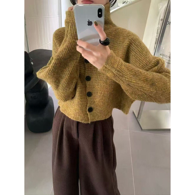 Ys Lazy Style High Collar Bat Sleeve Short Knitted Cardigan Women's Autumn and Winter High Waist Loose Small Sweater Jacket Ys Lazy Style High Collar Bat Sleeve Short Knitted Cardigan Women's Autumn and Winter High Waist Loose Small Sweater Jacket