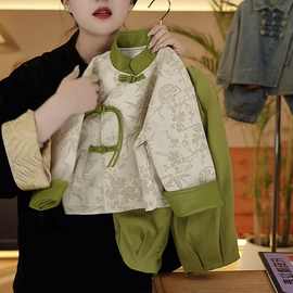 男女童中国风提花唐装上衣外套2024年春秋套装短款长袖pu皮外套