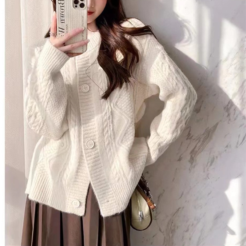 Cardigan Sweater Women's Outwear Autumn and Winter Thickeneded Twist Knitted Outer Wear Loose and Versatile Pure Color Round Neck Korean Style Lazy Style