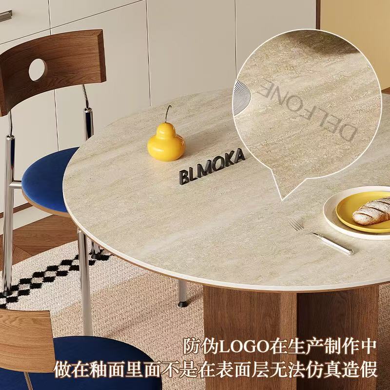 Tablero de roca de travertino de madera maciza de estilo antiguo, mesa redonda, paquete de tablero de roca de estilo retro, mesa de comedor de tablero de roca de apartamento pequeño simple de Sihao