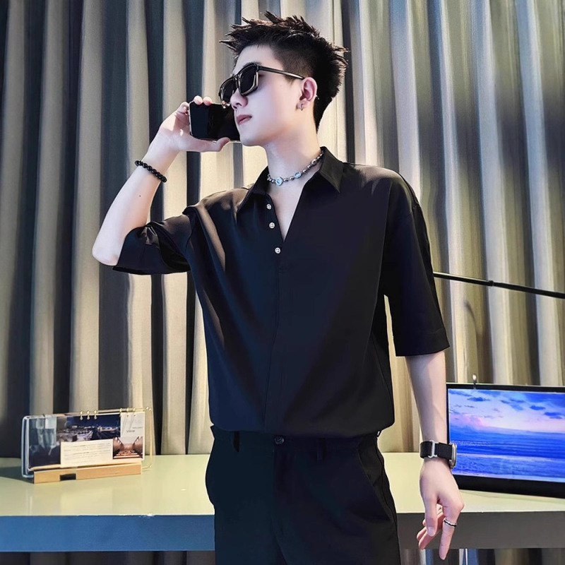 High-End Trendy Brand Pullover Mid-Sleeve Handsome Street Short-Sleeved Shirt Men's Ice Silk Cool Three-Quarter Sleeve 2025 New Style High-End Trendy Brand Pullover Mid-Sleeve Handsome Street Short-Sleeved Shirt Men's Ice Silk Cool Three-Quarter Sleeve 2025 New Style