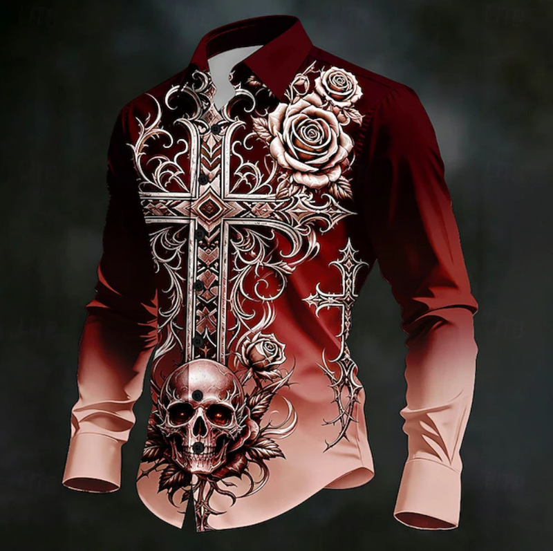 New cross-border Halloween men's skull and cross pattern long-sleeve casual shirt, horror dark casual street style New cross-border Halloween men's skull and cross pattern long-sleeve casual shirt, horror dark casual street style