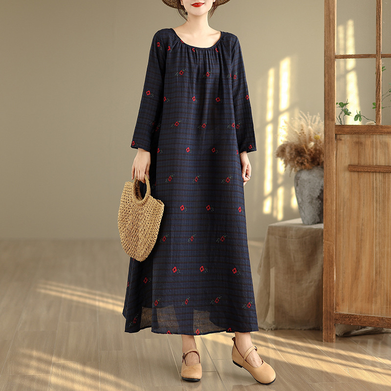 2025 New Autum Round Neck Pleated Relaxed Lazy Skirt Normcore Long-Sleeved Maxi Dress Holiday Style