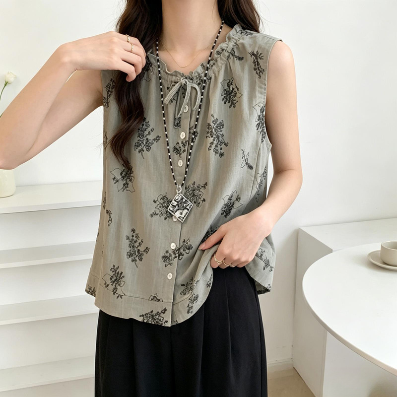 2026 Summer New Style Sleeveless Artistic Retro Cotton and Linen Shirt Plus Size Women's Clothing for Fat Girls Linen Printed Tie Vest 2026 Summer New Style Sleeveless Artistic Retro Cotton and Linen Shirt Plus Size Women's Clothing for Fat Girls Linen Printed Tie Vest