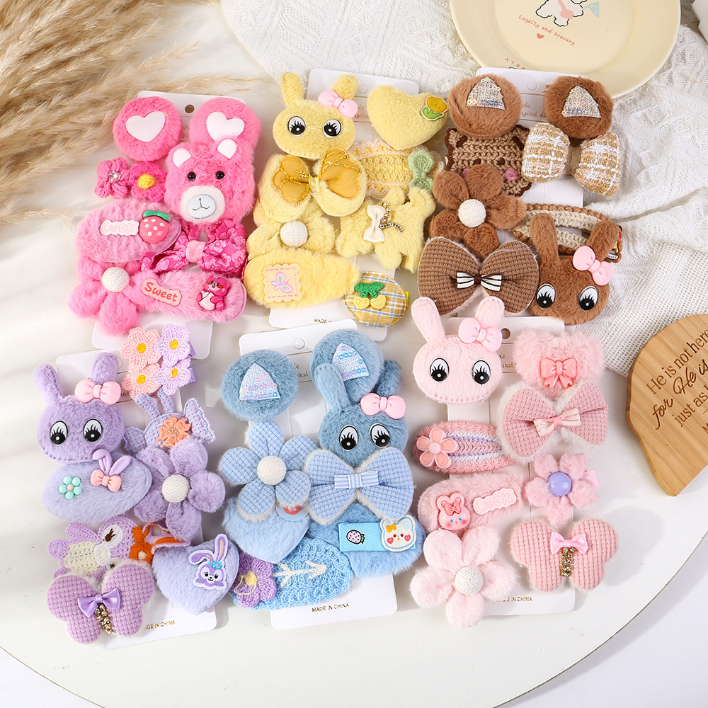 Otoño y invierno dibujos animados adorables clips para el cabello para niños dulce viento arco conejo conjunto de ocho piezas frangeas rotas clips para el cabello
