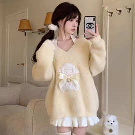 【仿貂】Blovelan花甜芝士 少女心绵羊V领毛衣宽松中长款针织上衣