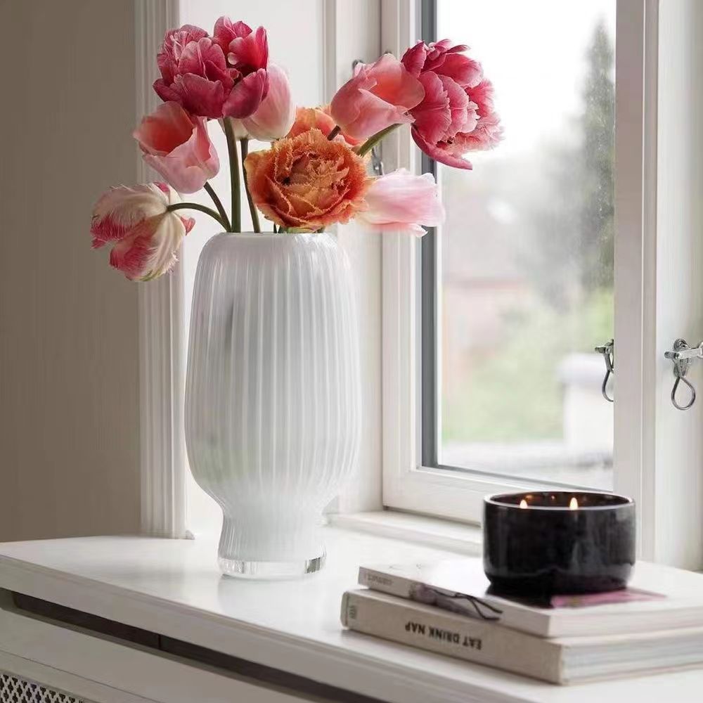 Vaso de vidrio de porcelana blanca nórdica vertical geometría sala de estar mesas de té plegado diseño flor seca decoración de la mesa de comedor