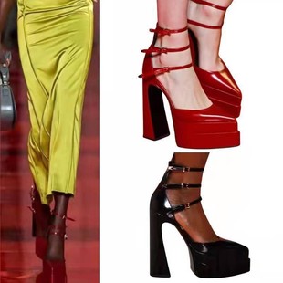 European and American catwalk buckle chunky heel pointed hollow patent leather sandals super high heel waterproof platform hate sky high catwalk heel shoes