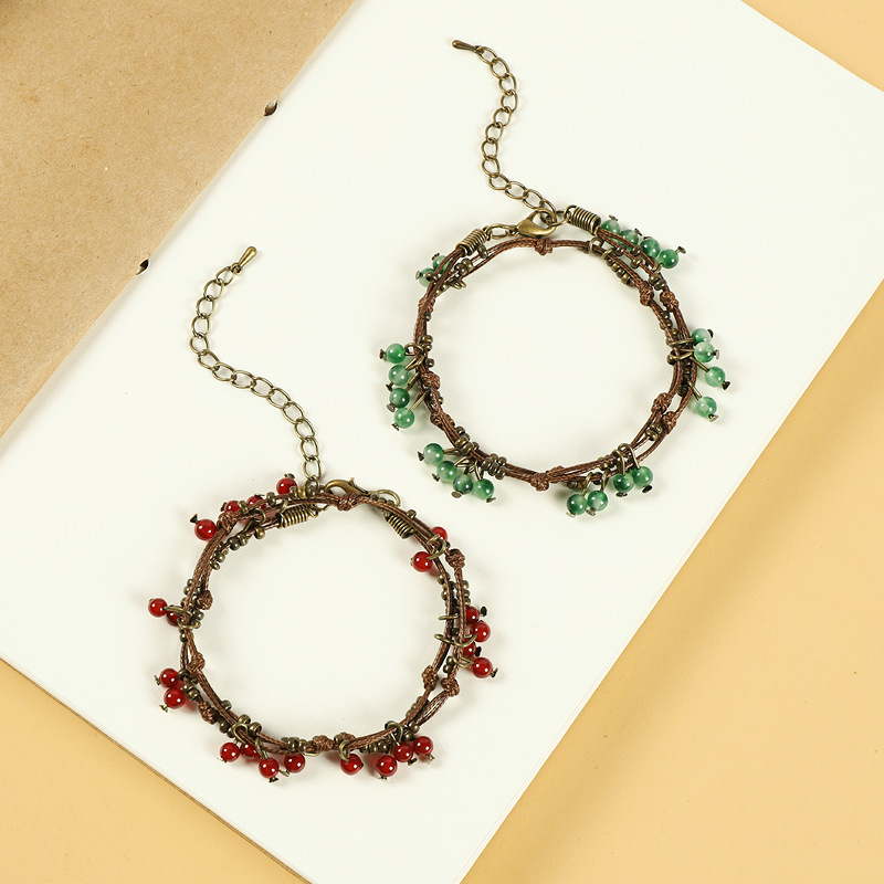 Original Design Woven Rope Vintage Mori Cherry Bracelet Women's Artistic Ethnic Style Double Layer Simple Bracelet Accessories