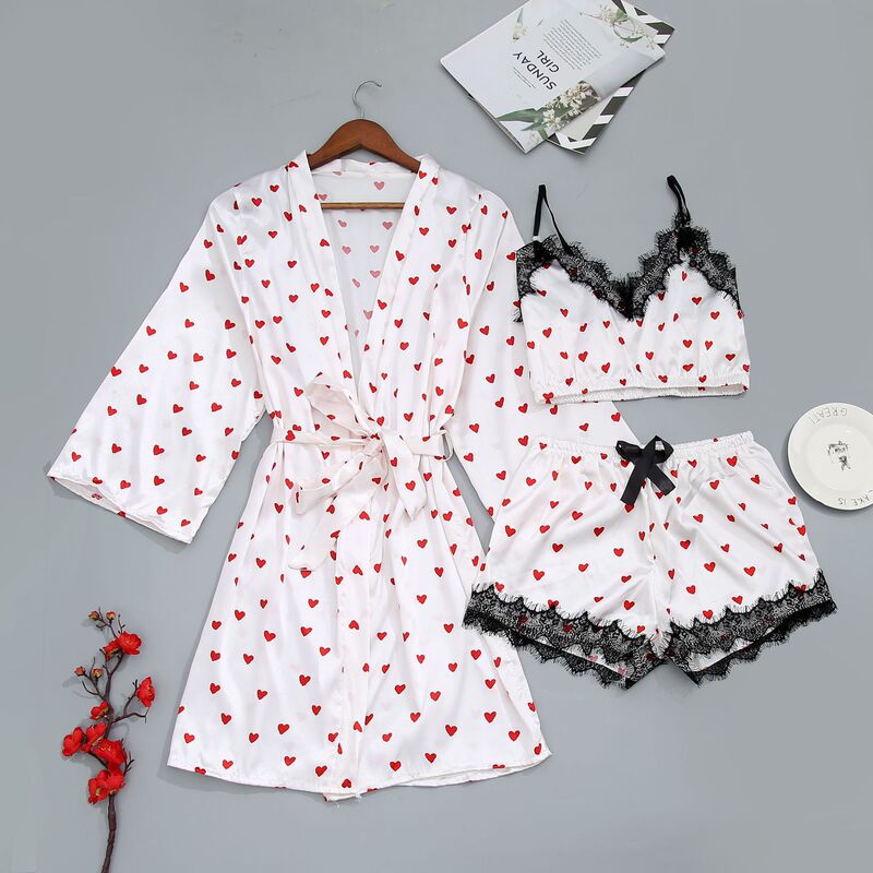 2026 New Foreign Trade Sexy Pajamas Elastic Satin Heart Print Three-Piece Set Loungewear European and American Plus Size Wholesale