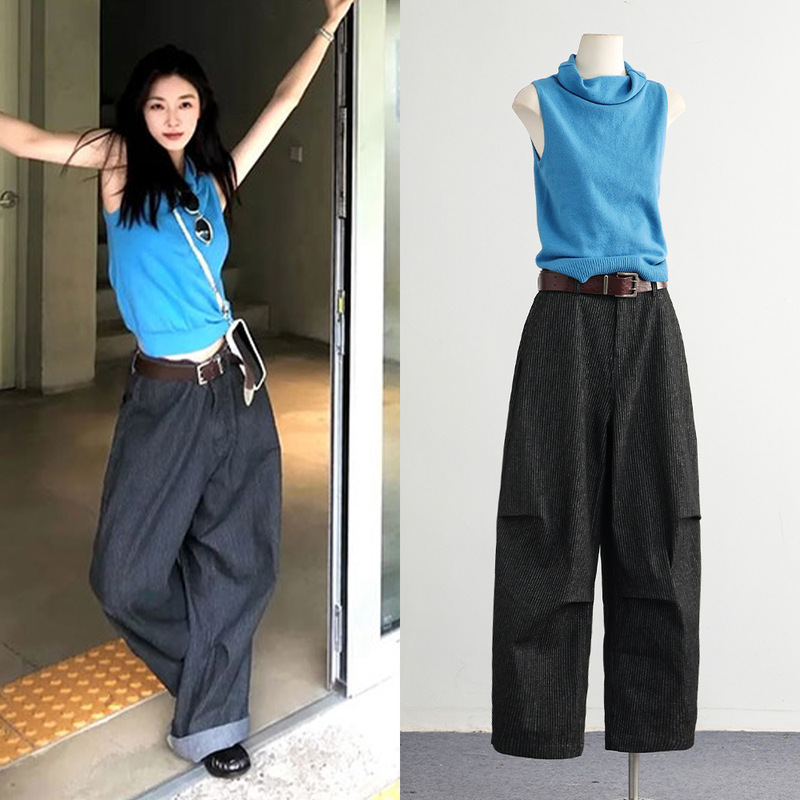 [in Stock] Zhang Ruonan Style Wool Blend Knit Top + Loose Striped Casual Relaxed Straight-Leg Pants for Women
