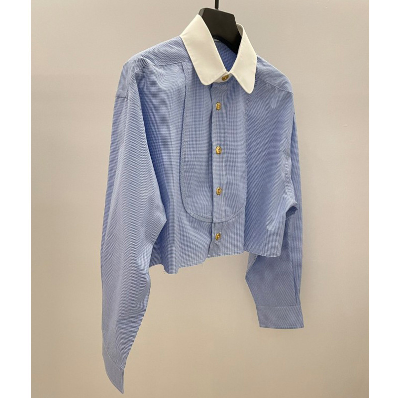 Haiyan girl ~ French age reduction! Blue Lapel Shirt Women's 23 Spring New Design Sense Niche Short Top