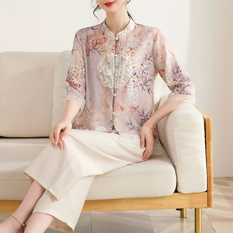 Mom Kit Summer Guo Wind Set Ocean 2025 Новый средний и пожилой женский летний рубашка с короткими рукавами