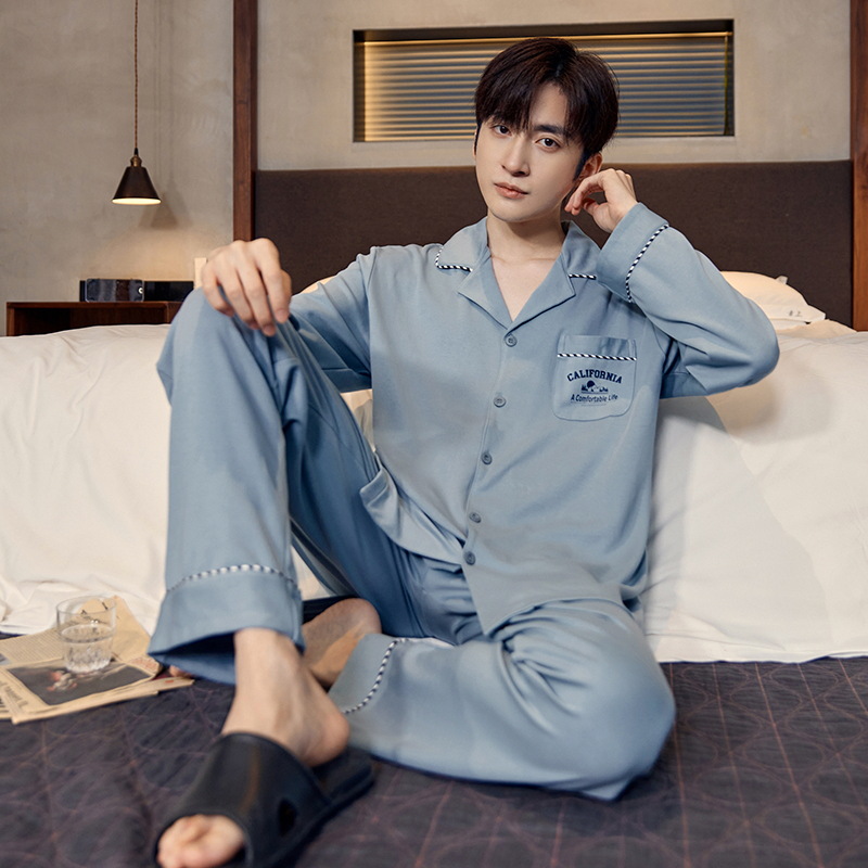 Pijamas de algodón para hombres otoño nuevos pantalones de manga larga Chaqueta de punto solapa traje de hombre casual a rayas simple ropa para el hogar