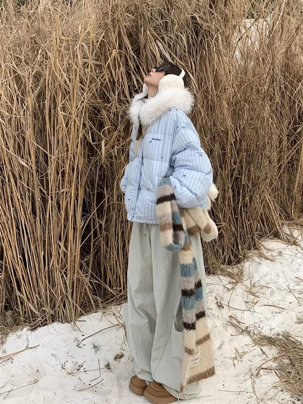 外贸美式设计感条纹蝴蝶结毛领连帽棉服外套加厚保暖小个子棉衣女|undefined