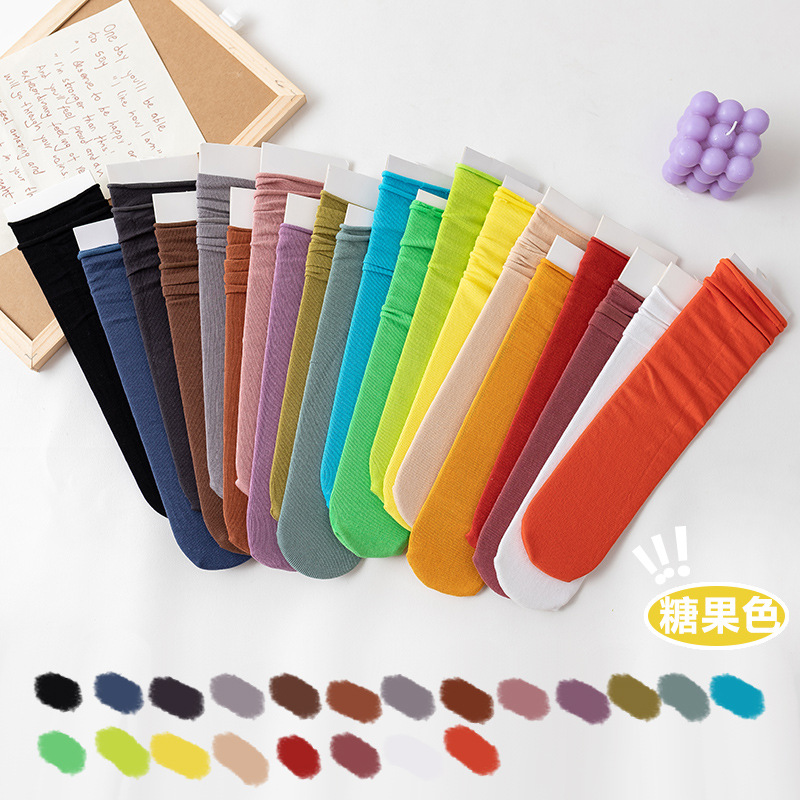 Calcetines de pila de las mujeres color caramelo curling boca suelta calcetines de maternidad padre-niño color brillante color sólido estilo de la Universidad media-pantorrilla al por mayor