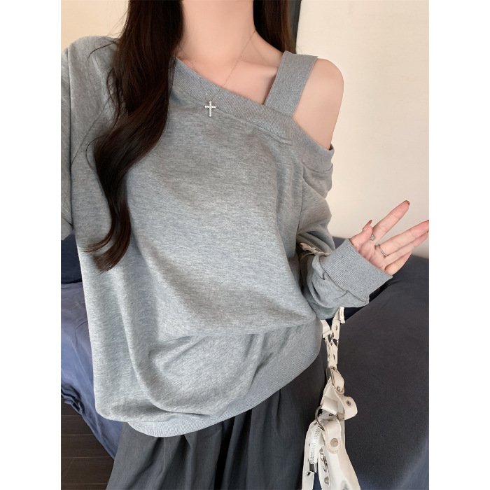 欧美风纯色实拍华棉复合宽松卫衣女斜肩一字领露肩秋冬装|undefined