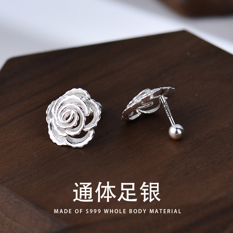 S999純銀足銀耳飾品高級風簡約百搭螺絲擰扣花卉耳釘耳骨釘潮女