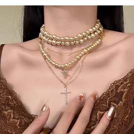 【南洋千金】美式金色珍珠十字架项链多层叠戴锁骨链女
