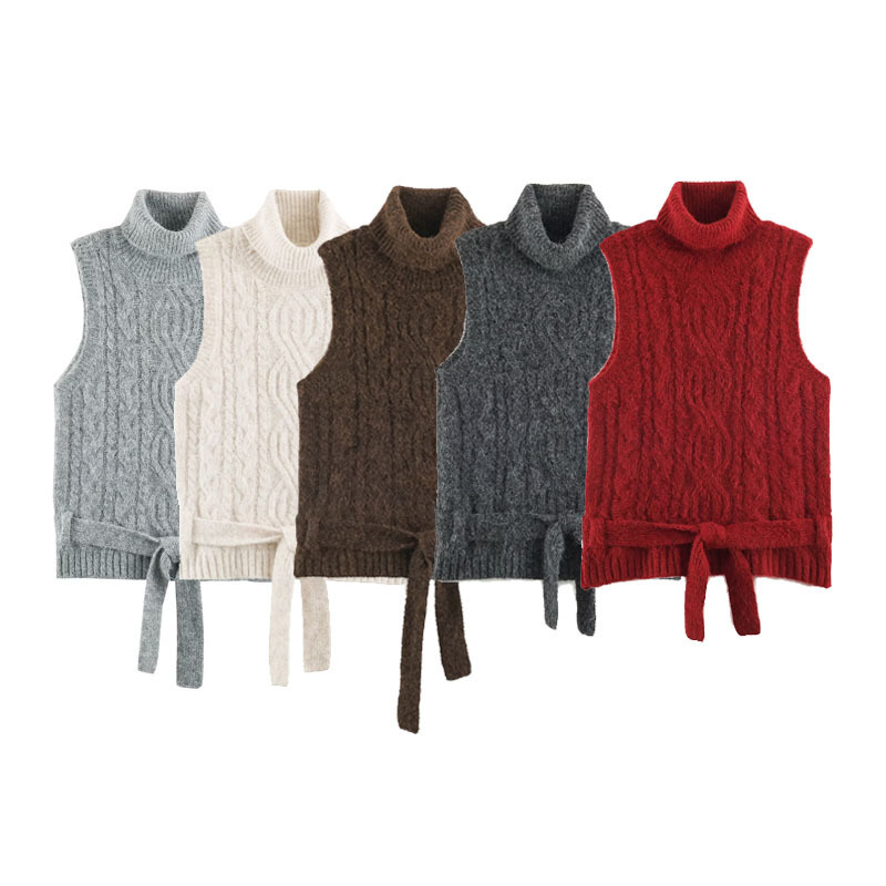 MYST&ZA Autumn and Winter High Collar Cable Knit Vest Sweater for Women, Vintage Sleeveless Knitwear, Layered Top