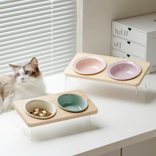 Ceramic cat bowl South Korea Pet Bowl anti-knock cat dog food bowl cervical support water bowl double bowl oblique mouth solid wood rack