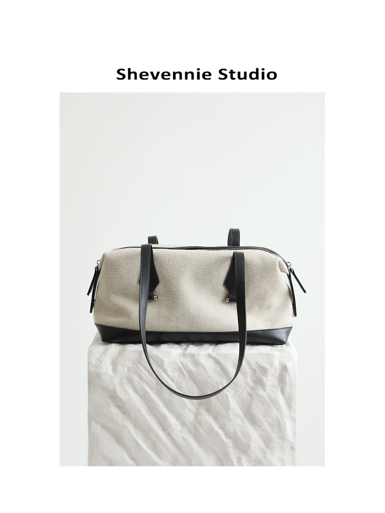 Retro Niche Design Canvas And Cowhide Pillow Bag, Large Capacity Underarm Bag, Casual Single Shoulder Tote Bag For Women - Thumbnail 7