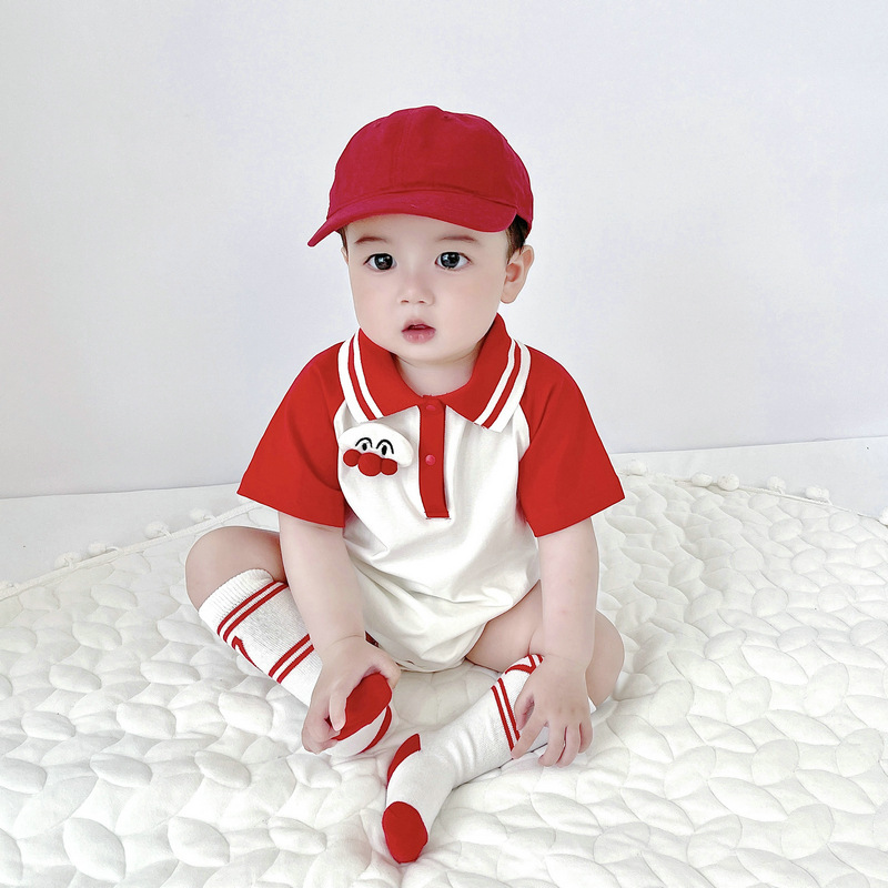 Bebé verano nuevo mono estilo coreano niños y niñas casual deportes estilo solapa rojo y blanco costura dibujos animados vaina