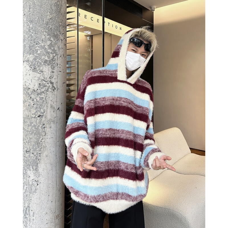 American Style Retro Blue and White Striped Hooded Sweater Men's and Women's Autumn and Winter Lazy Wind Contrast Color High-end Knitted Sweater for Couples