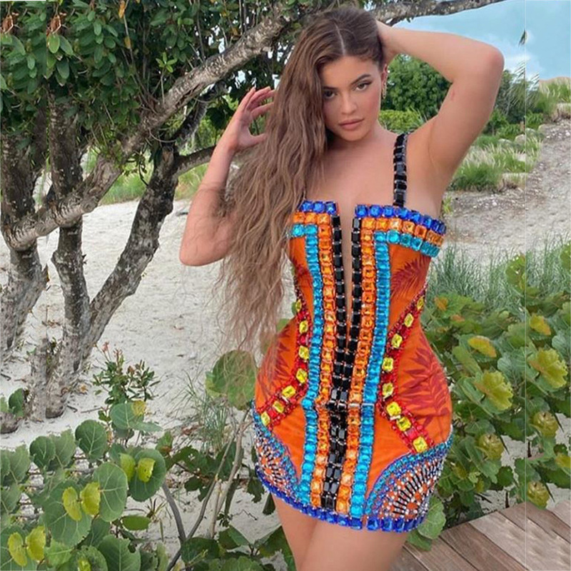 European and American Star Fashion Sexy Heavy Industry Bead Printing Mesh V-Neck Sling Tube Top Backless Bandage dress