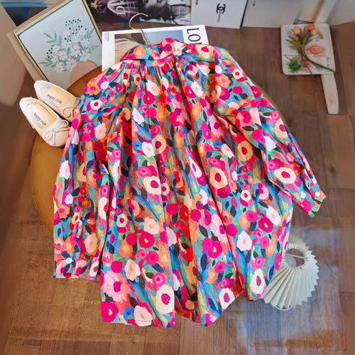 Children's Spring and Autumn New Style Dress Shirt Dress with Full-Page Oil Painting Style Print Dress