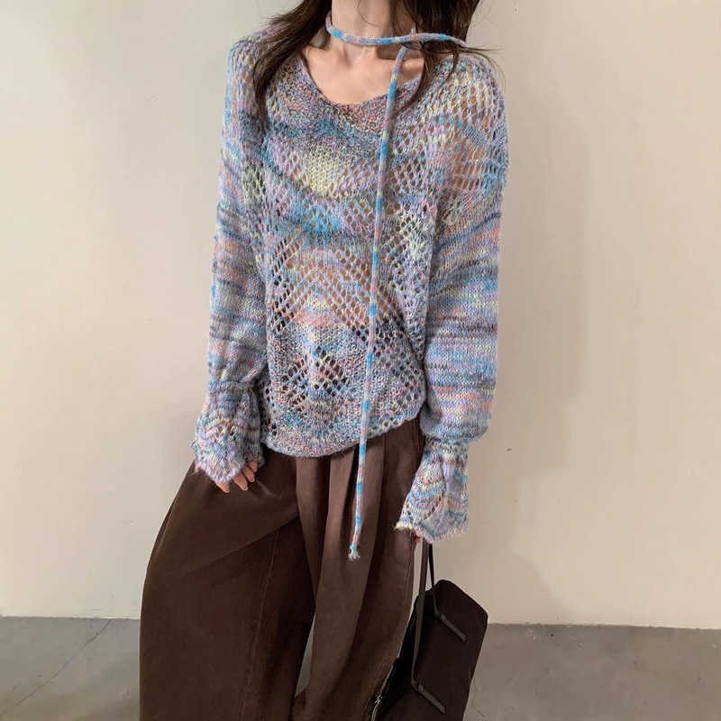 Korean-style sweet gradient color knit sweater with flowing ribbons, a thin and lightweight design, perfect for autumn and winter, featuring a stylish hollow-out pattern and long sleeves Korean-style sweet gradient color knit sweater with flowing ribbons, a thin and lightweight design, perfect for autumn and winter, featuring a stylish hollow-out pattern and long sleeves