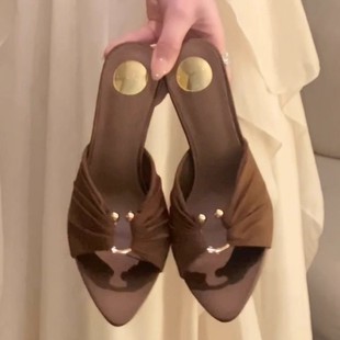 European Style Pleated Metal Buckle Open-Toe Sandals Summer New Style Small Tall Pointed Toe Stiletto High Heels